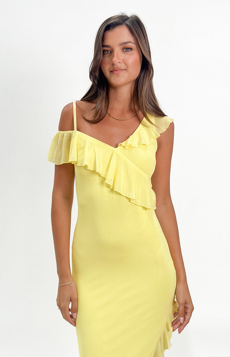Everleene Yellow Ruffle Mesh Midi Dress — 2