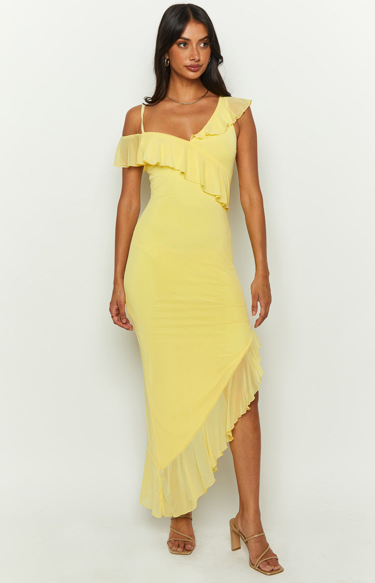 Everleene Yellow Ruffle Mesh Midi Dress — 3