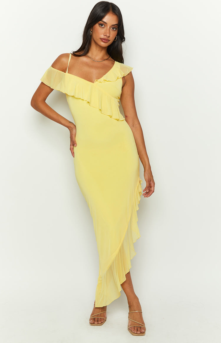 Everleene Yellow Ruffle Mesh Midi Dress — 4
