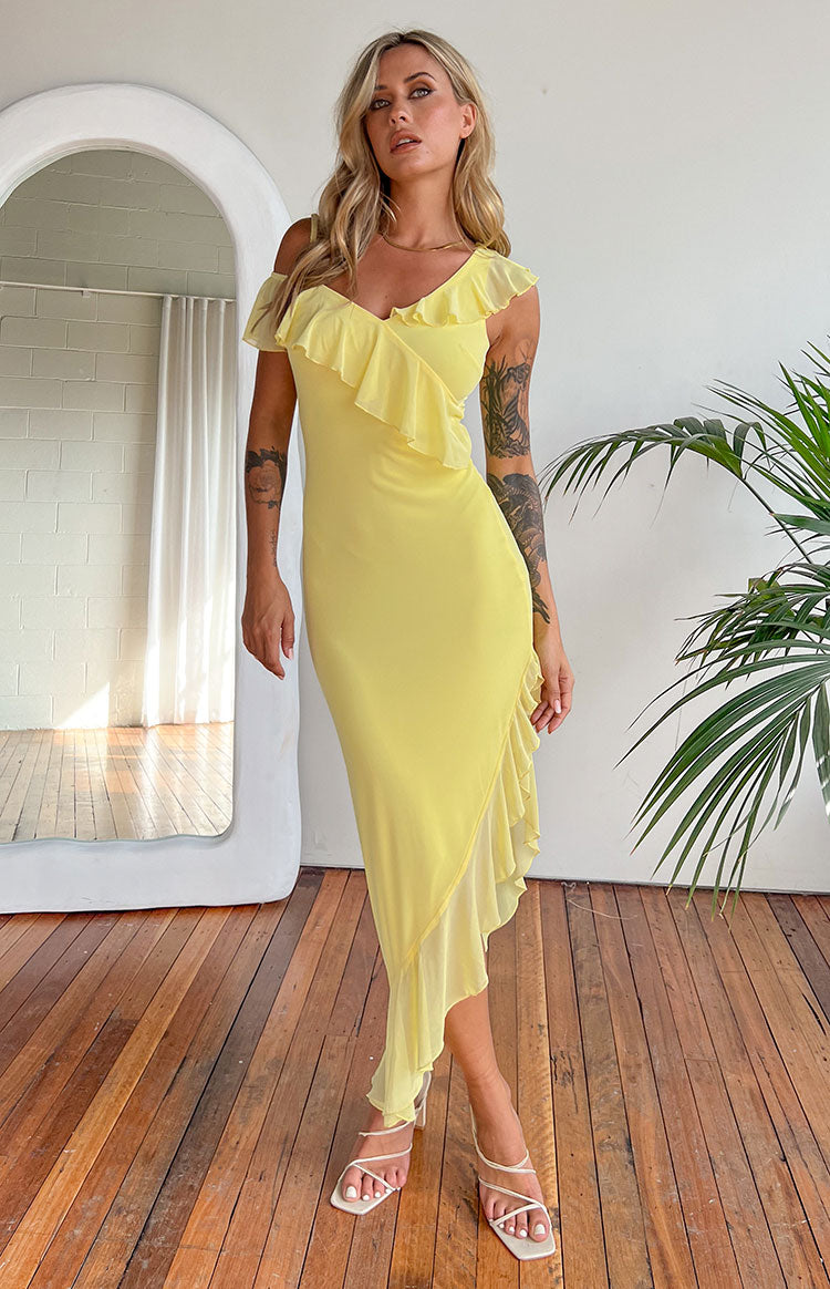 Everleene Yellow Ruffle Mesh Midi Dress — 8