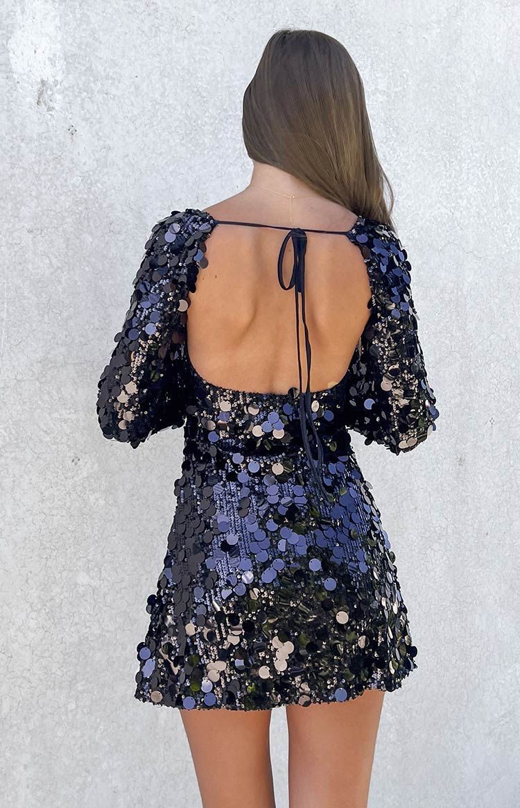 Marienne Black Large Sequin Long Sleeve Mini Dress — 8