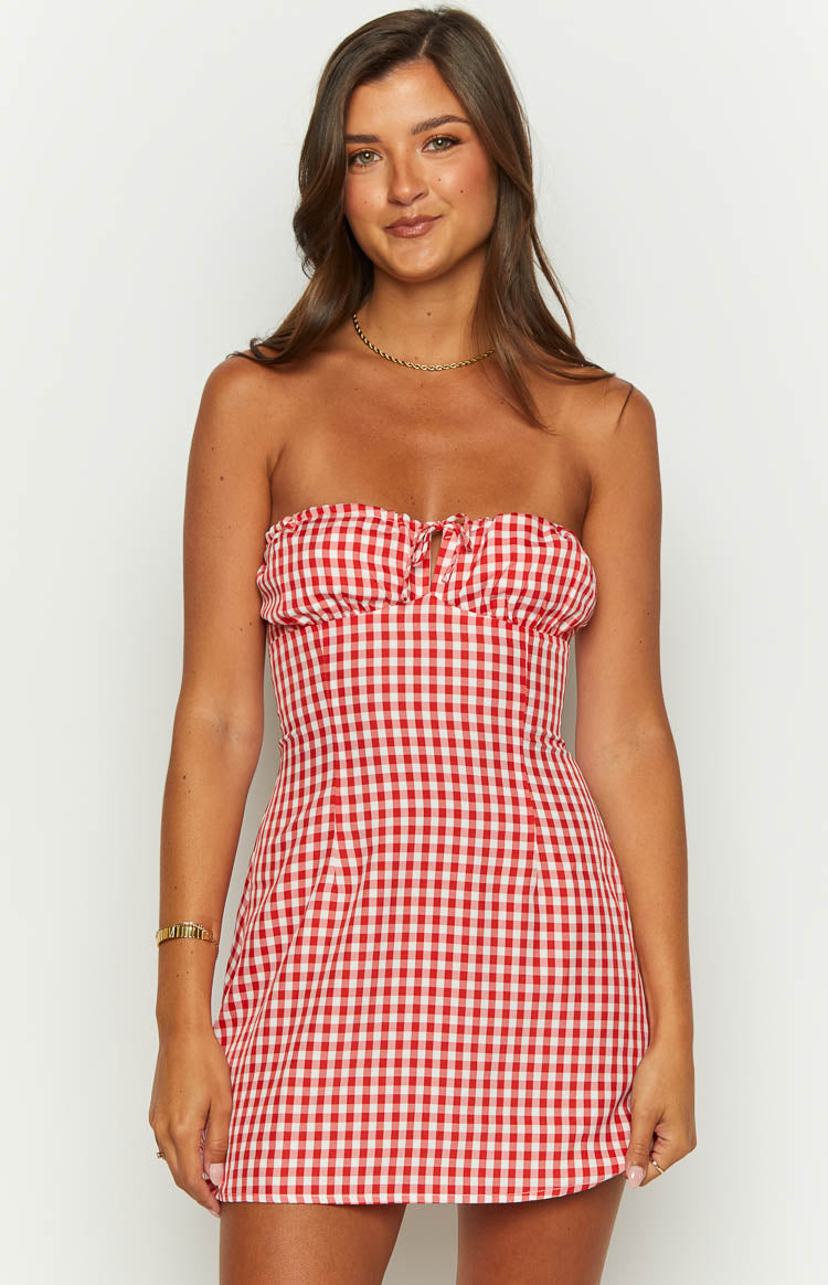 Faith Red Gingham Strapless Mini Dress — 1