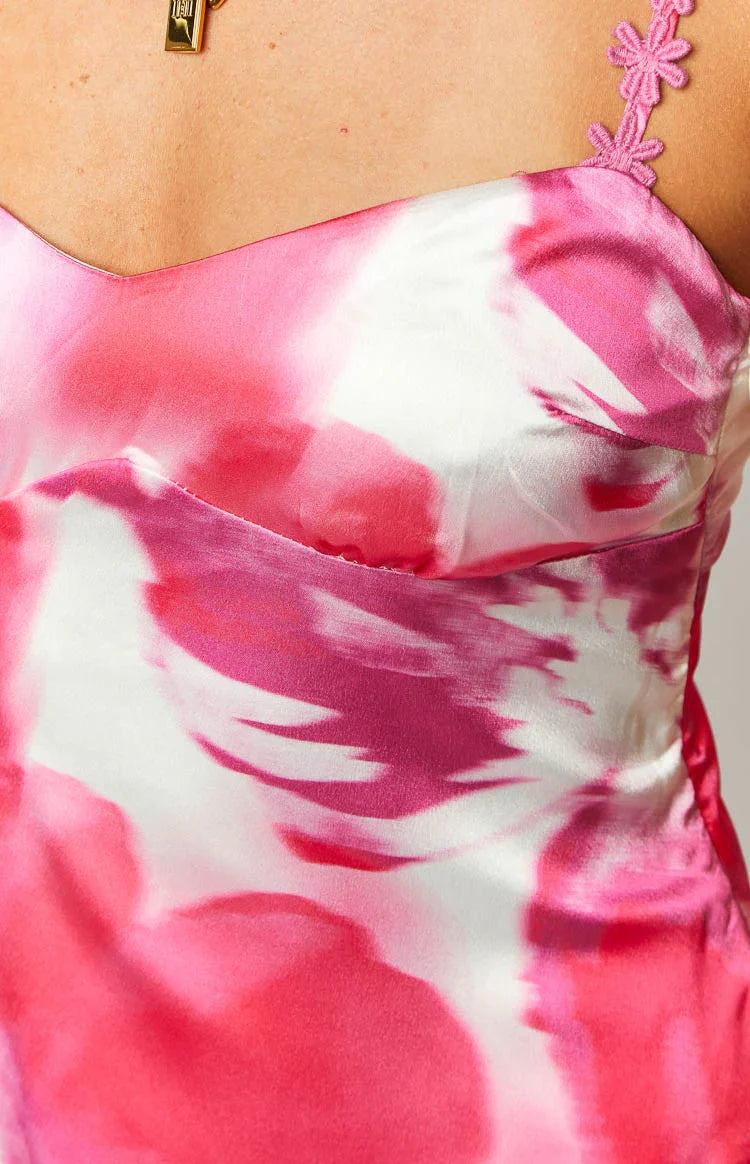 Marbelle Pink Floral Satin Print Mini Dress — 6