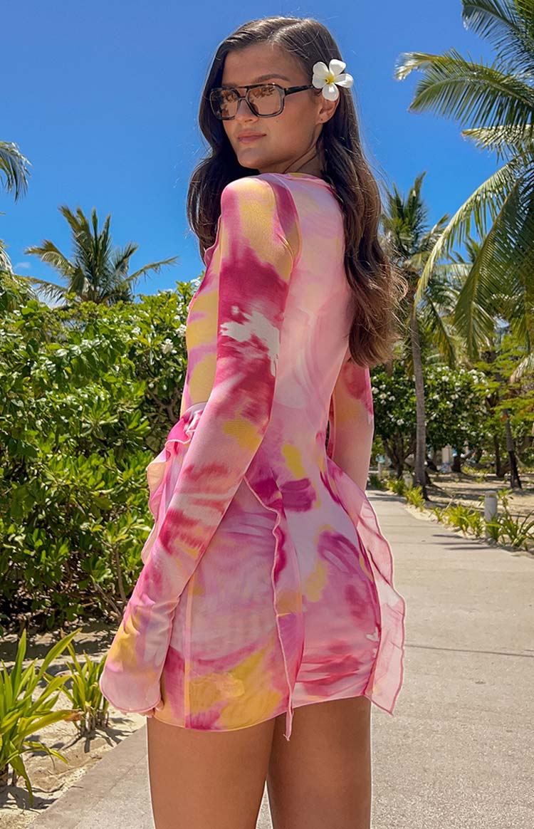 Surround Sound Pink Floral Mesh Long Sleeve Mini Dress — 7