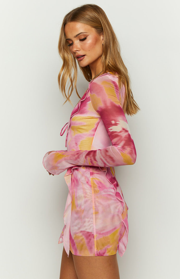 Surround Sound Pink Floral Mesh Long Sleeve Mini Dress — 4