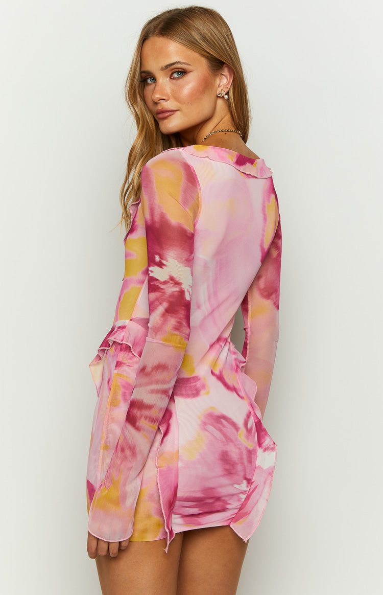 Surround Sound Pink Floral Mesh Long Sleeve Mini Dress — 5
