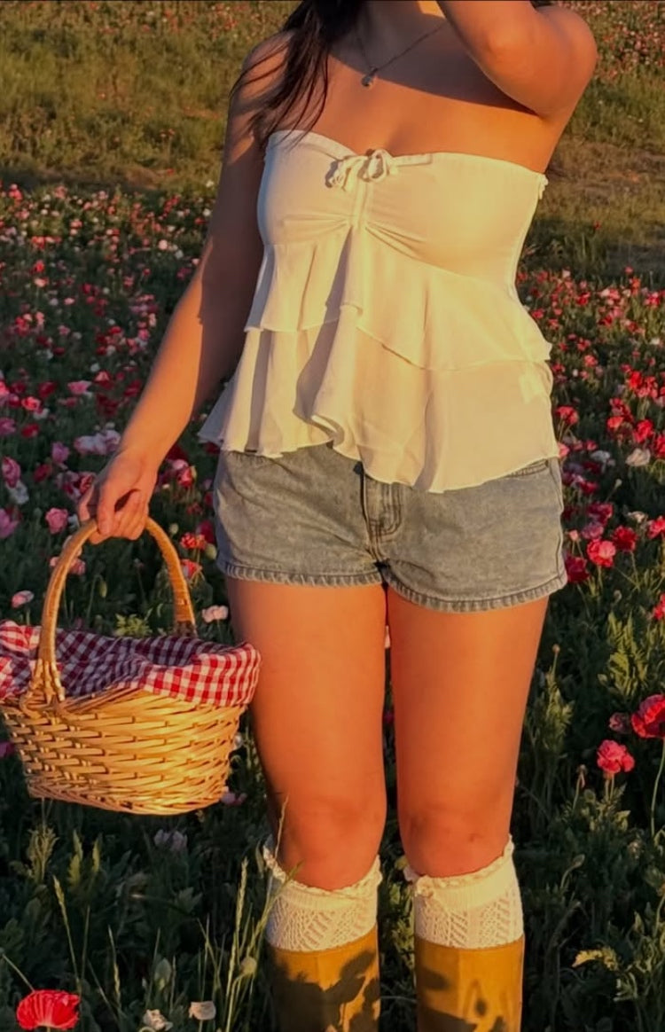 Raleigh White Ruffle Strapless Top — 12