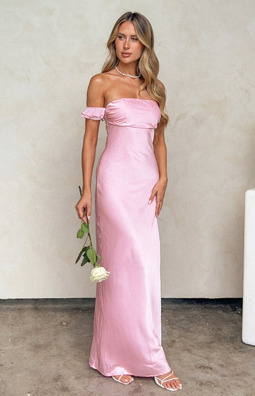 Elvira Pink Satin Formal Maxi Dress — 1