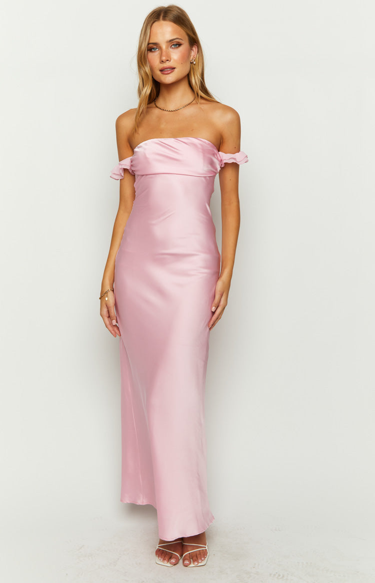 Elvira Pink Satin Formal Maxi Dress — 1