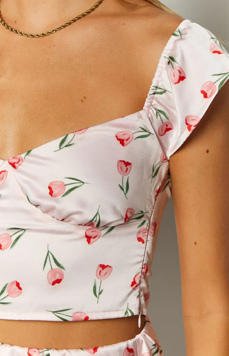 Maeva Pink Satin Tulip Print Top — 6