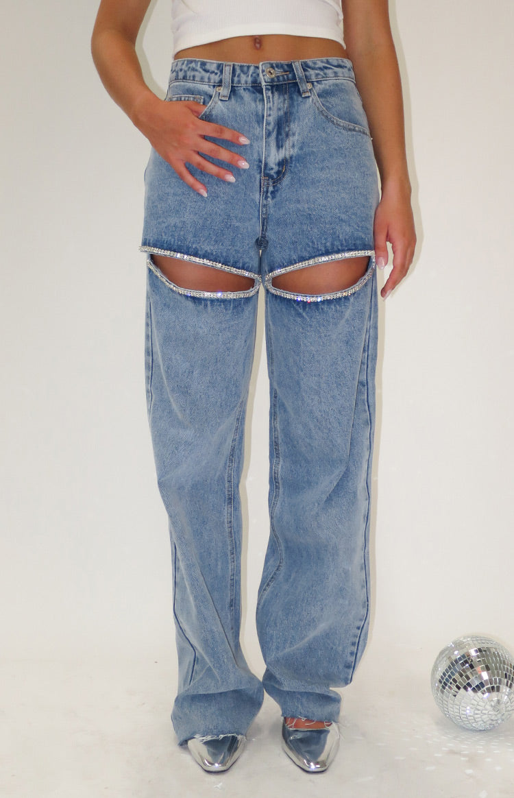 Gem Diamante Trim Wide Leg Denim Jeans — 1