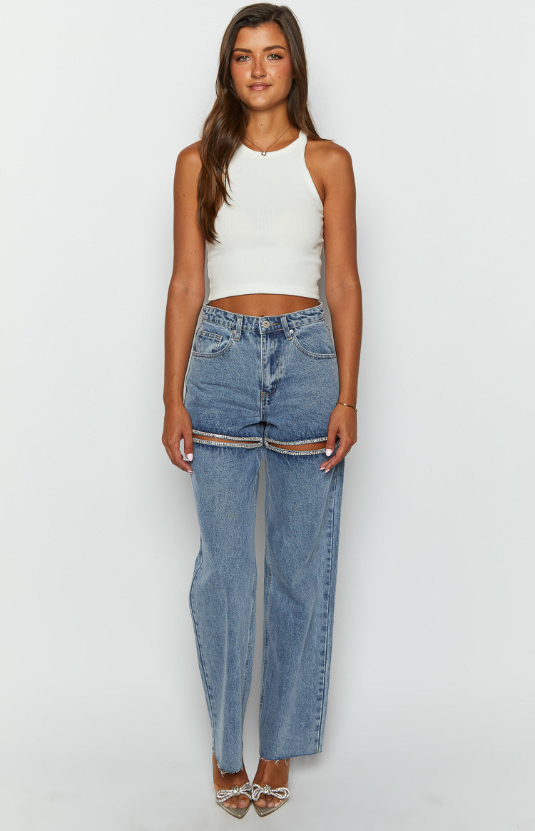 Gem Diamante Trim Wide Leg Denim Jeans — 1