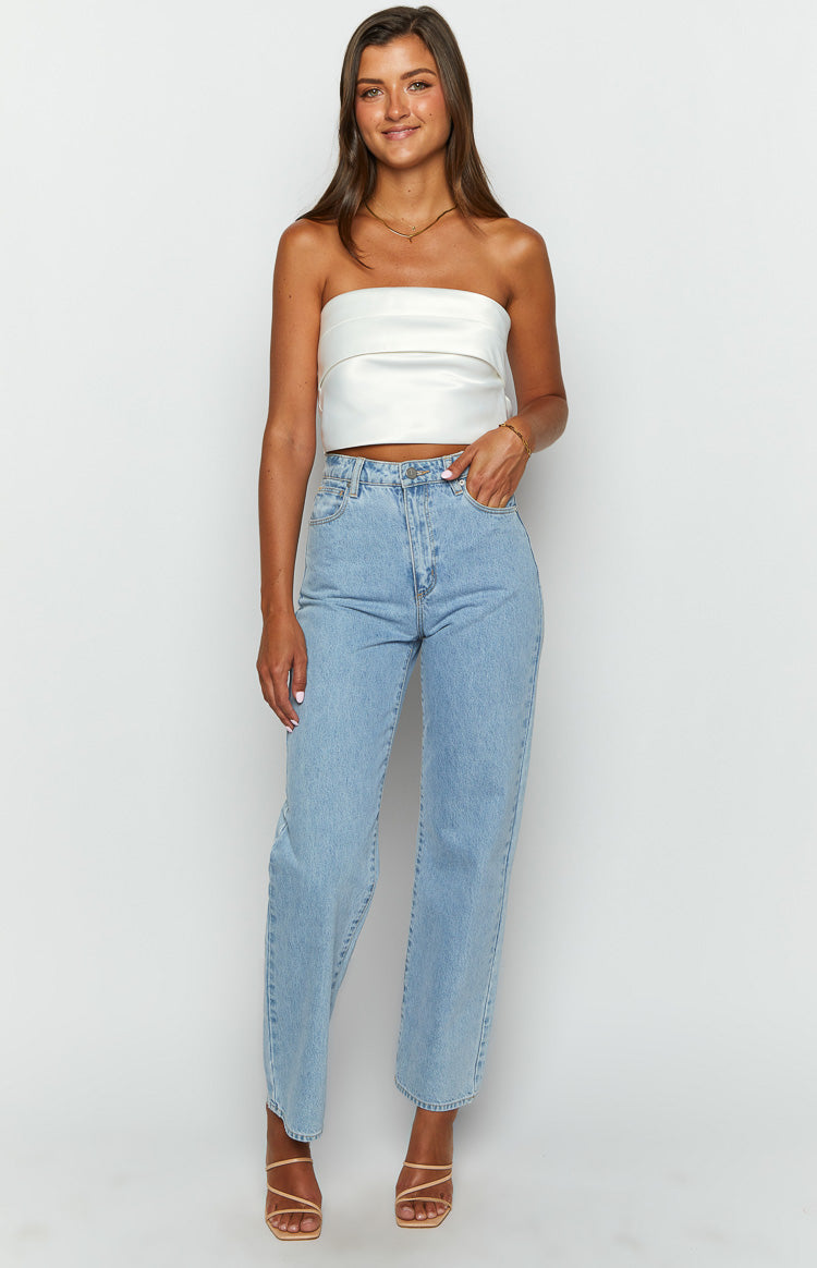 Ivory Allure White Strapless Satin Crop Top — 1