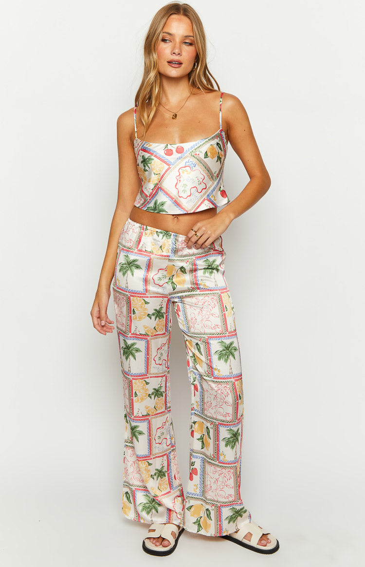 Bridget White Satin Roma Print Pants — 2