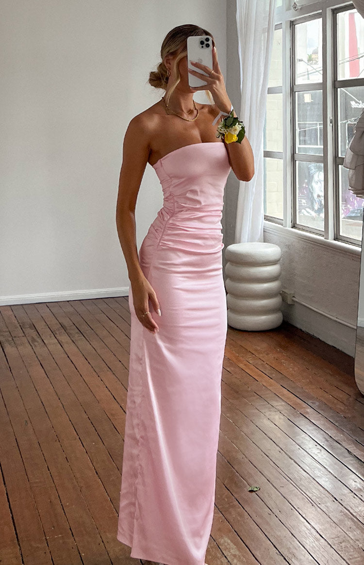 Pink Bloom Satin Strapless Maxi Dress — 11