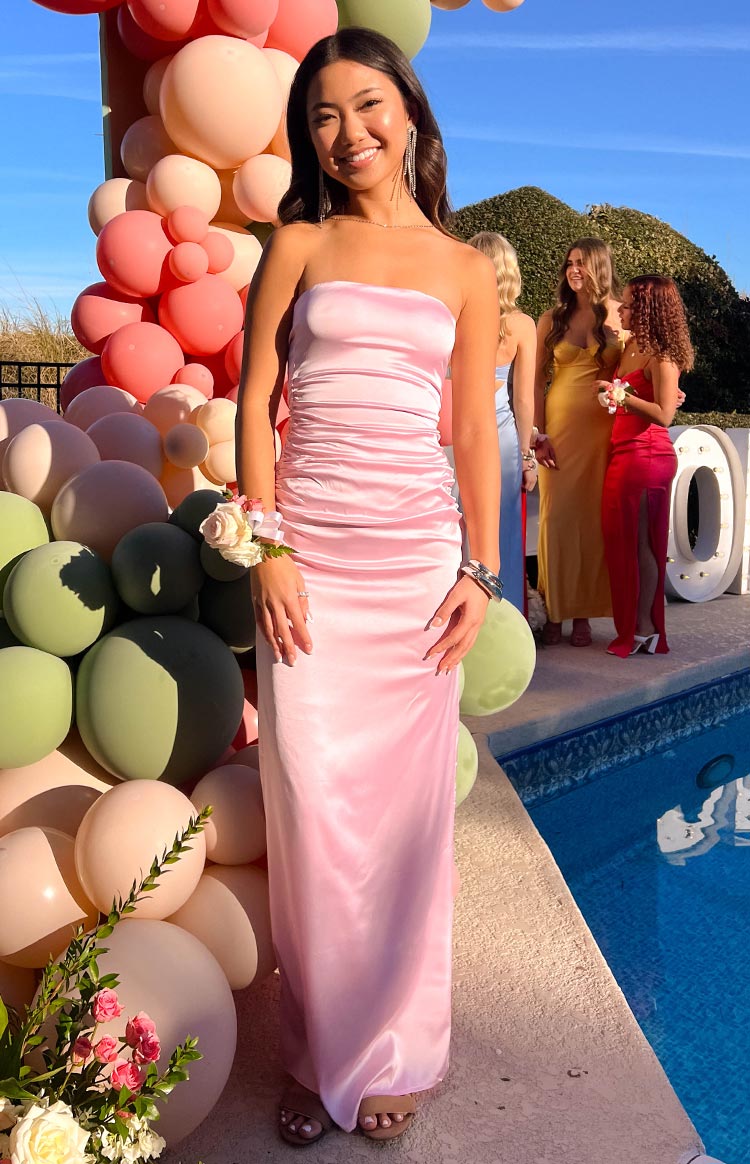 Pink Bloom Satin Strapless Maxi Dress — 12