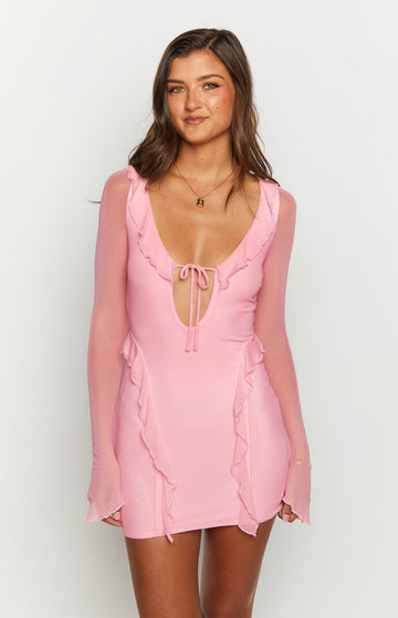 Surround Sound Pink Mesh Long Sleeve Mini Dress — 1