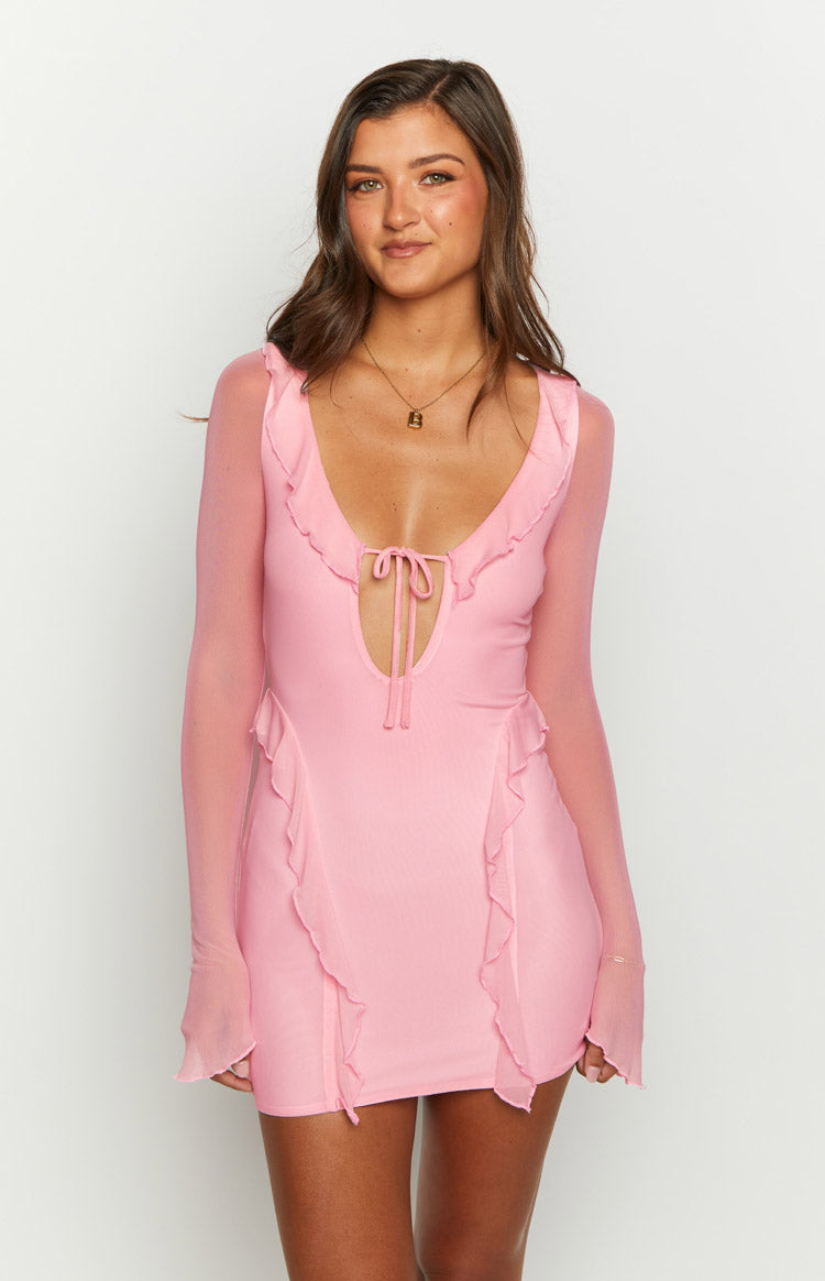 Surround Sound Pink Mesh Long Sleeve Mini Dress — 1
