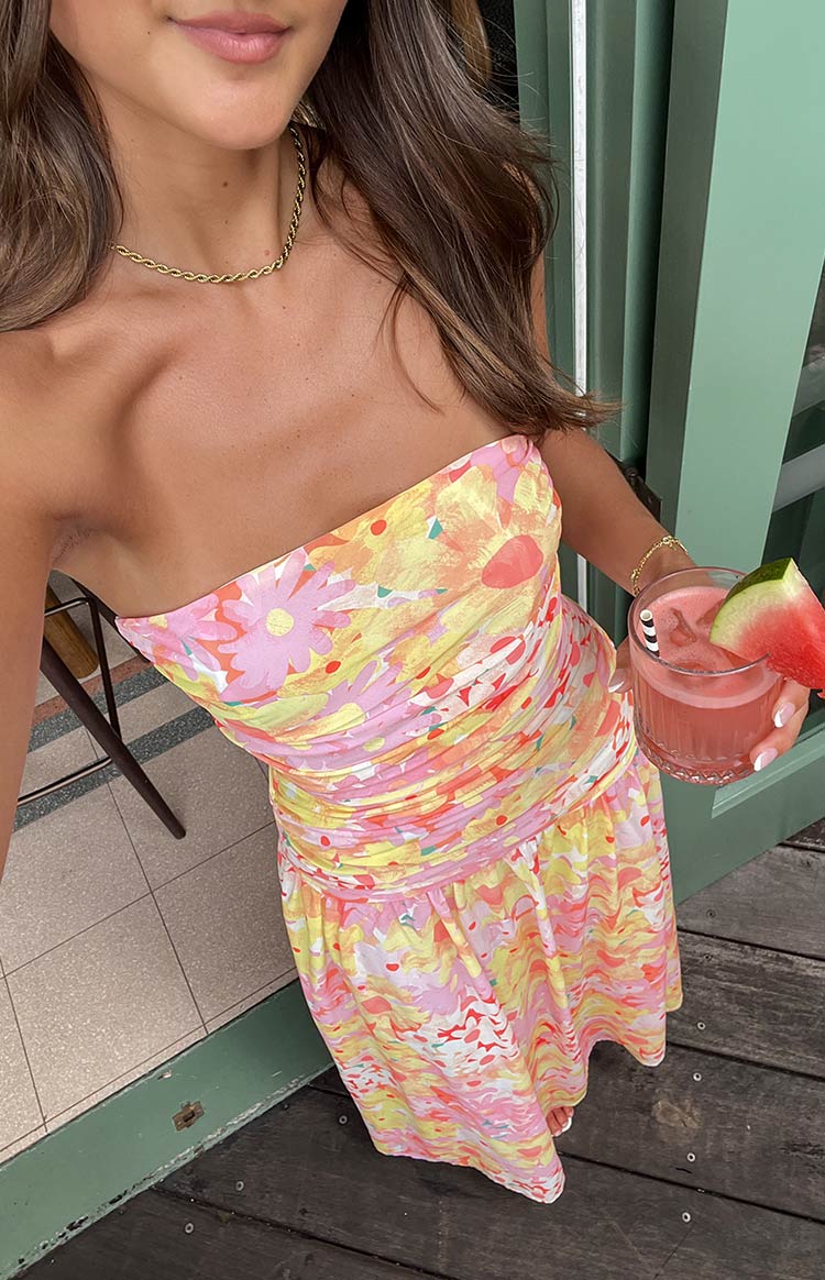 Sinclair Yellow Floral Print Strapless Maxi Dress — 10