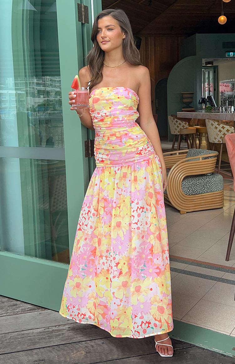 Sinclair Yellow Floral Print Strapless Maxi Dress — 1