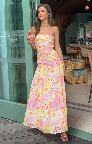 Sinclair Yellow Floral Print Strapless Maxi Dress — 1