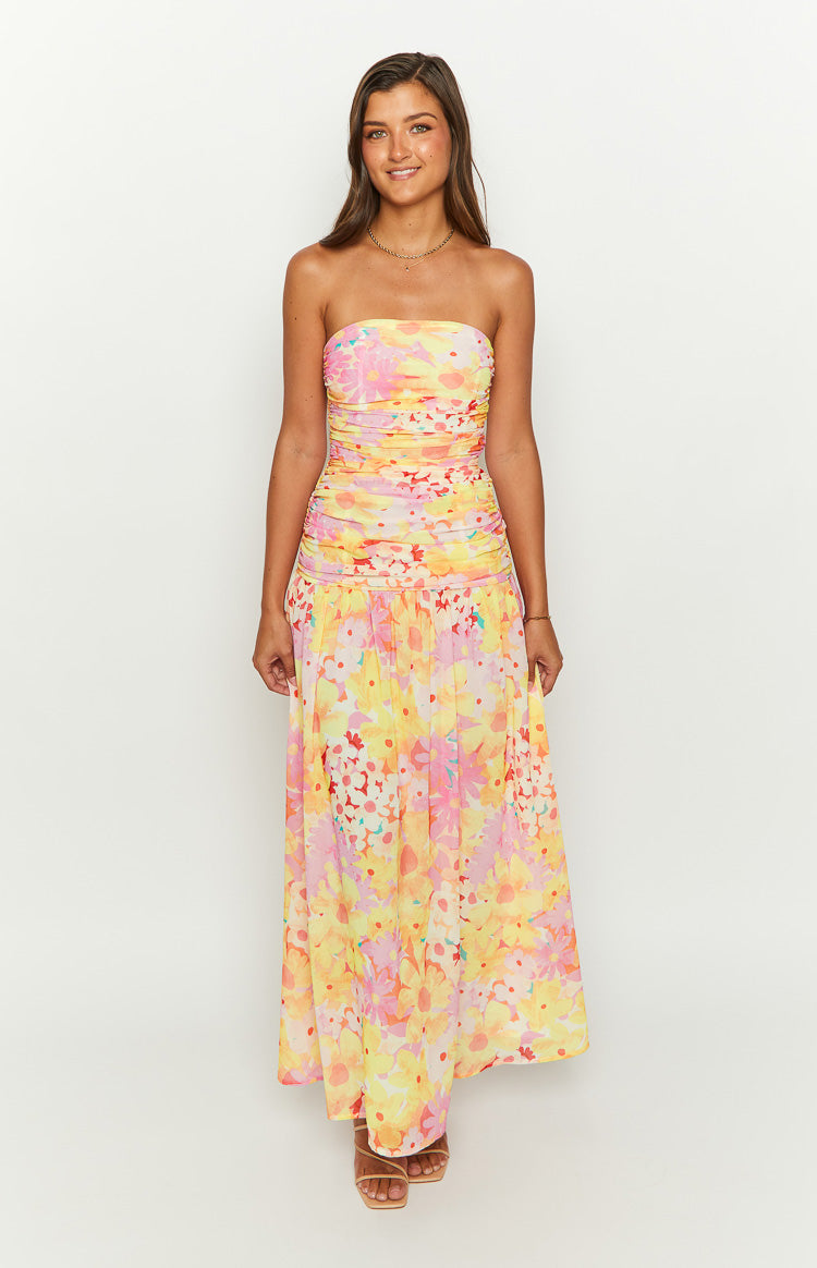 Sinclair Yellow Floral Print Strapless Maxi Dress — 2
