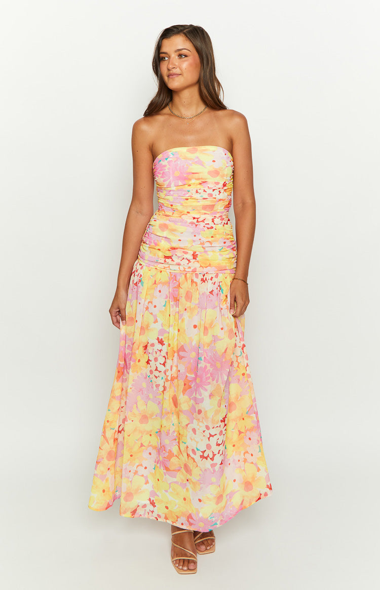 Sinclair Yellow Floral Print Strapless Maxi Dress — 3