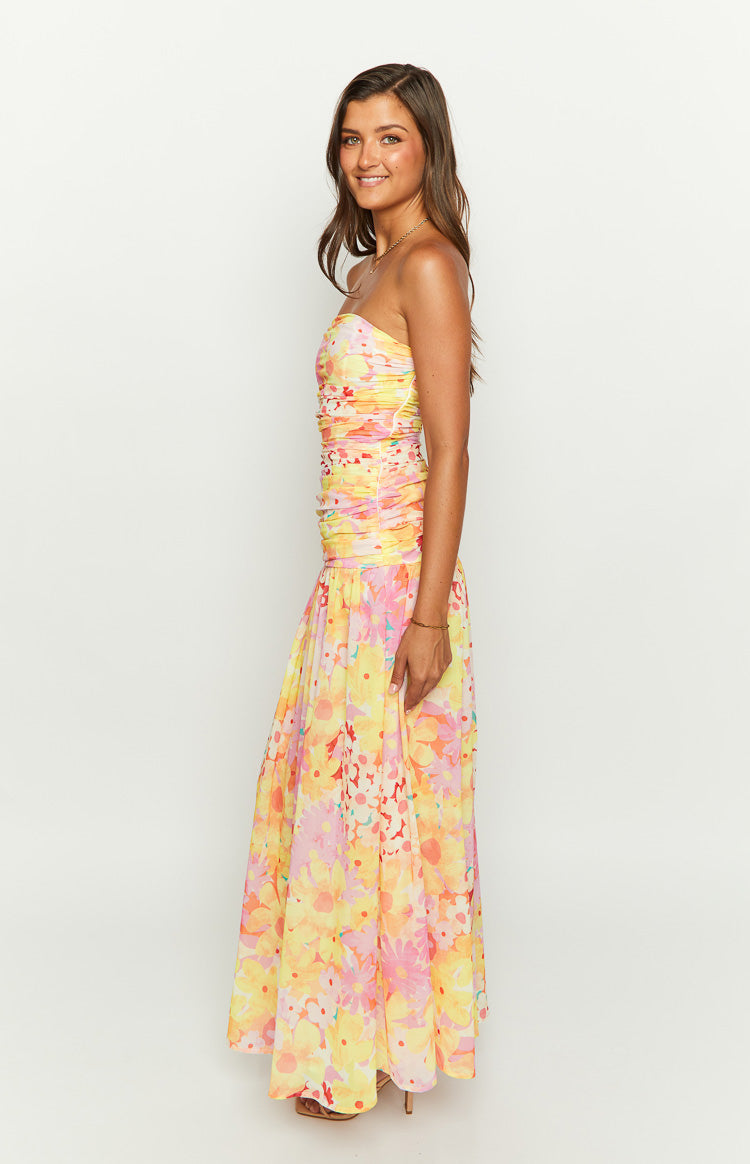 Sinclair Yellow Floral Print Strapless Maxi Dress — 4