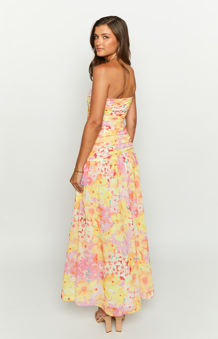 Sinclair Yellow Floral Print Strapless Maxi Dress — 5