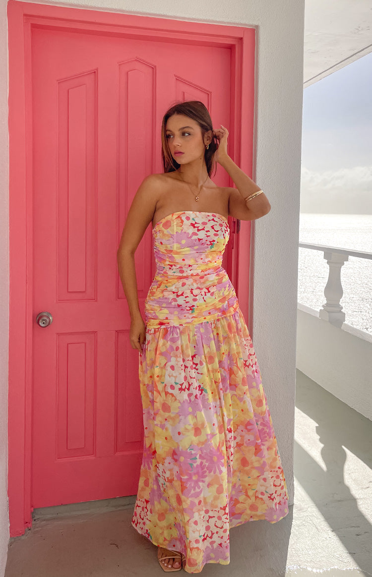 Sinclair Yellow Floral Print Strapless Maxi Dress — 7