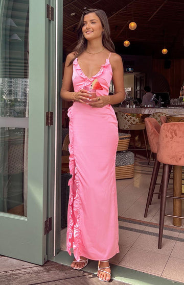 Nahanee Pink Satin Ruffle Maxi Dress — 1