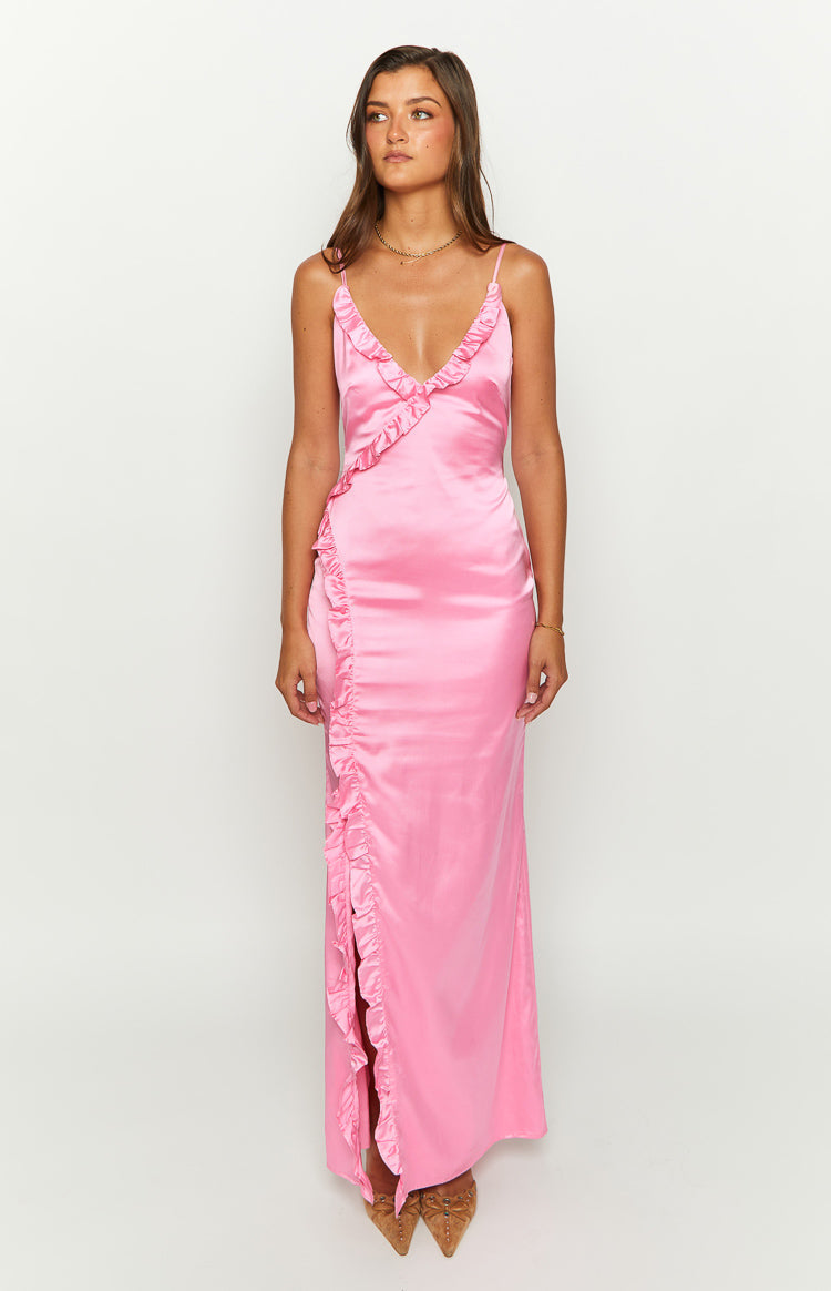 Nahanee Pink Satin Ruffle Maxi Dress — 2