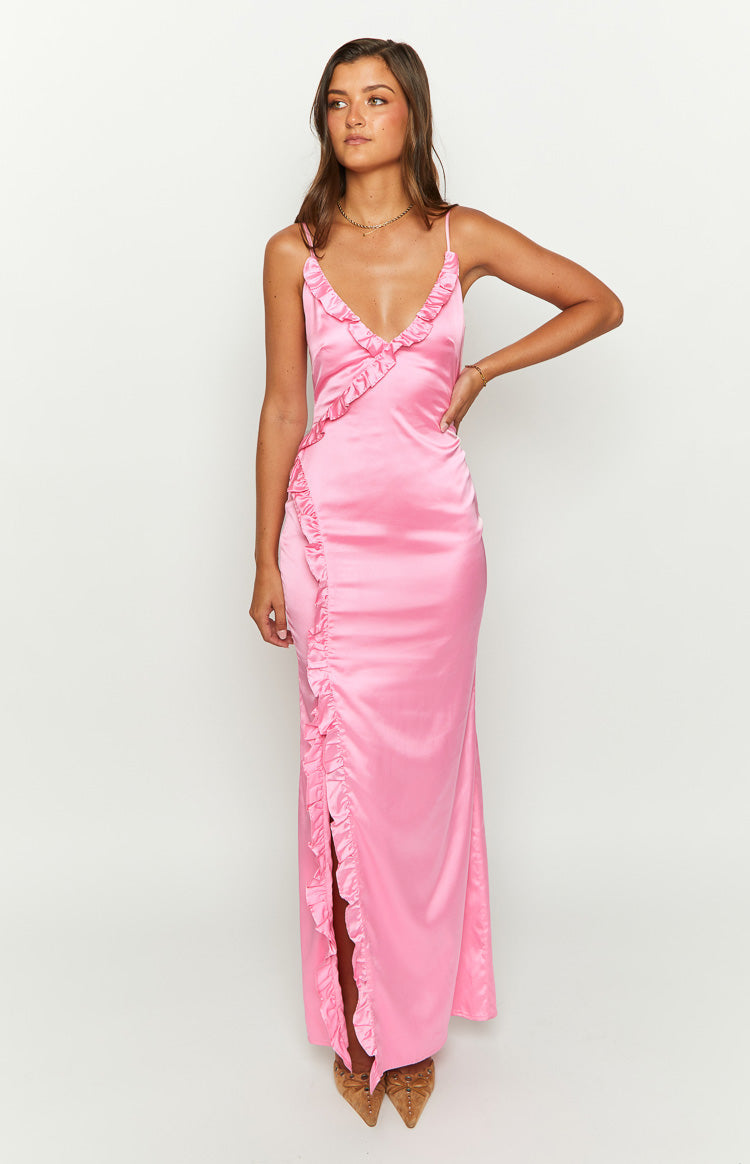 Nahanee Pink Satin Ruffle Maxi Dress — 3