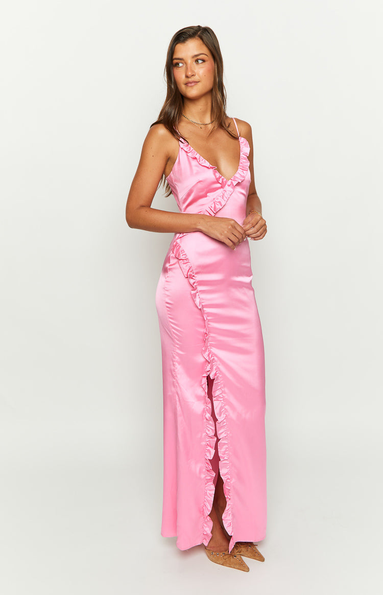 Nahanee Pink Satin Ruffle Maxi Dress — 4
