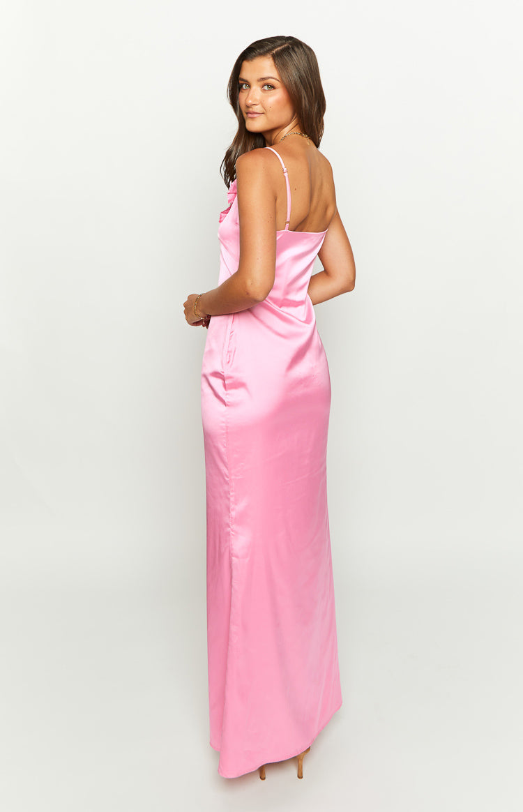 Nahanee Pink Satin Ruffle Maxi Dress — 5