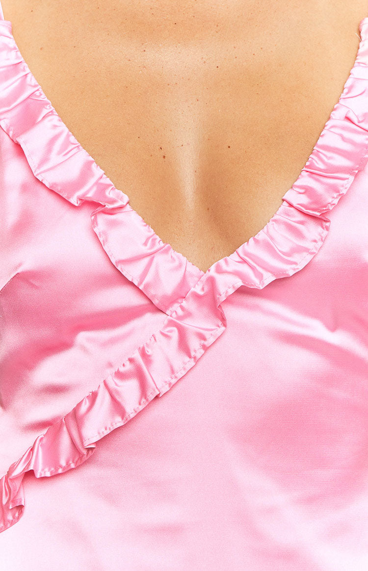 Nahanee Pink Satin Ruffle Maxi Dress — 6