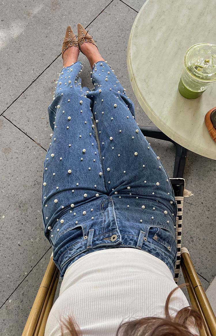 Denim Dazzle Pearl Mid Wash High Waisted Jeans — 1