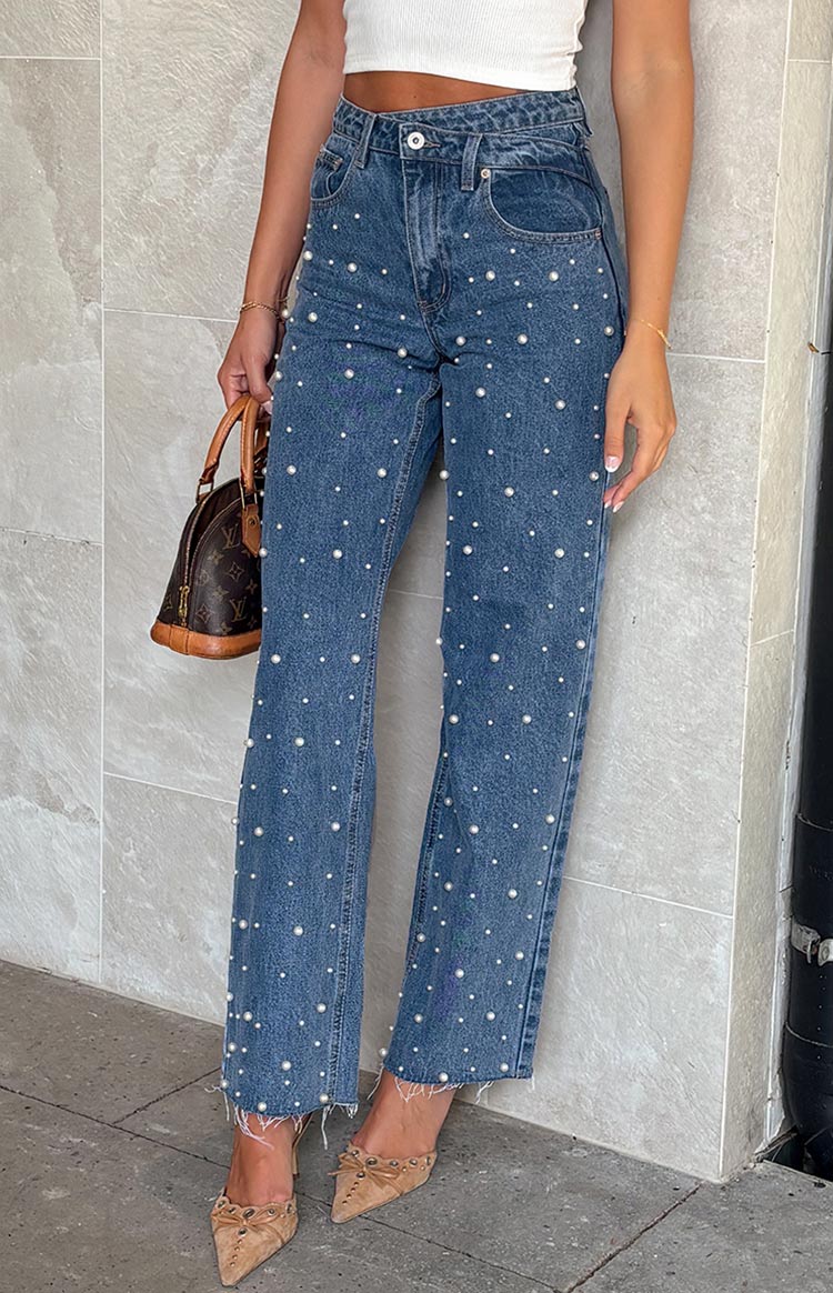 Denim Dazzle Pearl Mid Wash High Waisted Jeans — 10