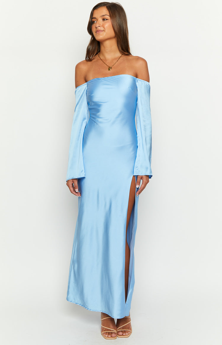 Shae Blue Satin Long Sleeve Maxi Dress — 1