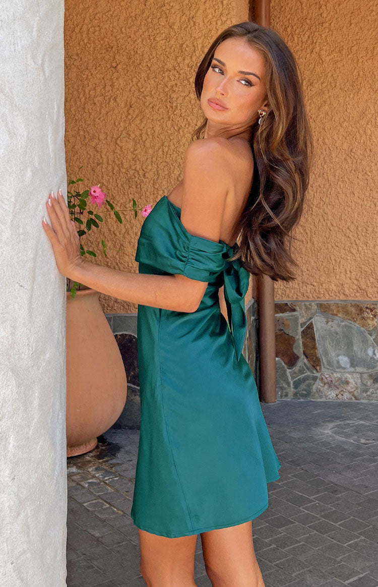 Primrose Teal Satin Off the Shoulder Mini Dress — 9