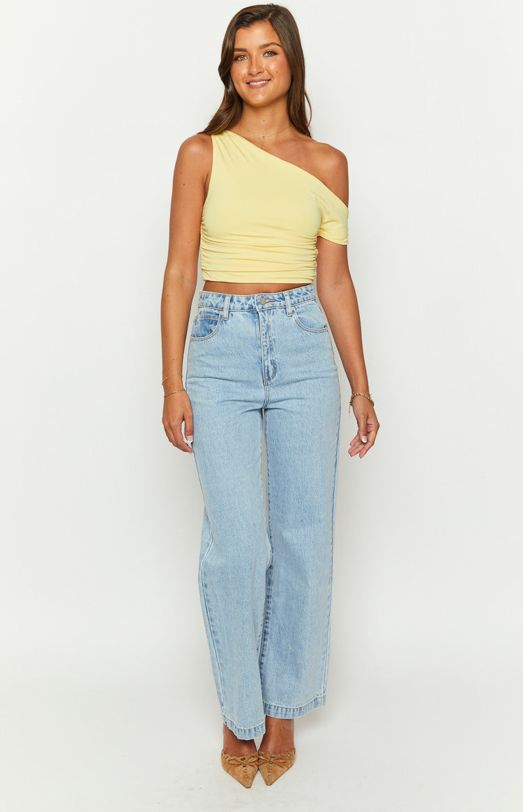 Limelight Drift Yellow Draped Off Shoulder Crop Top — 1