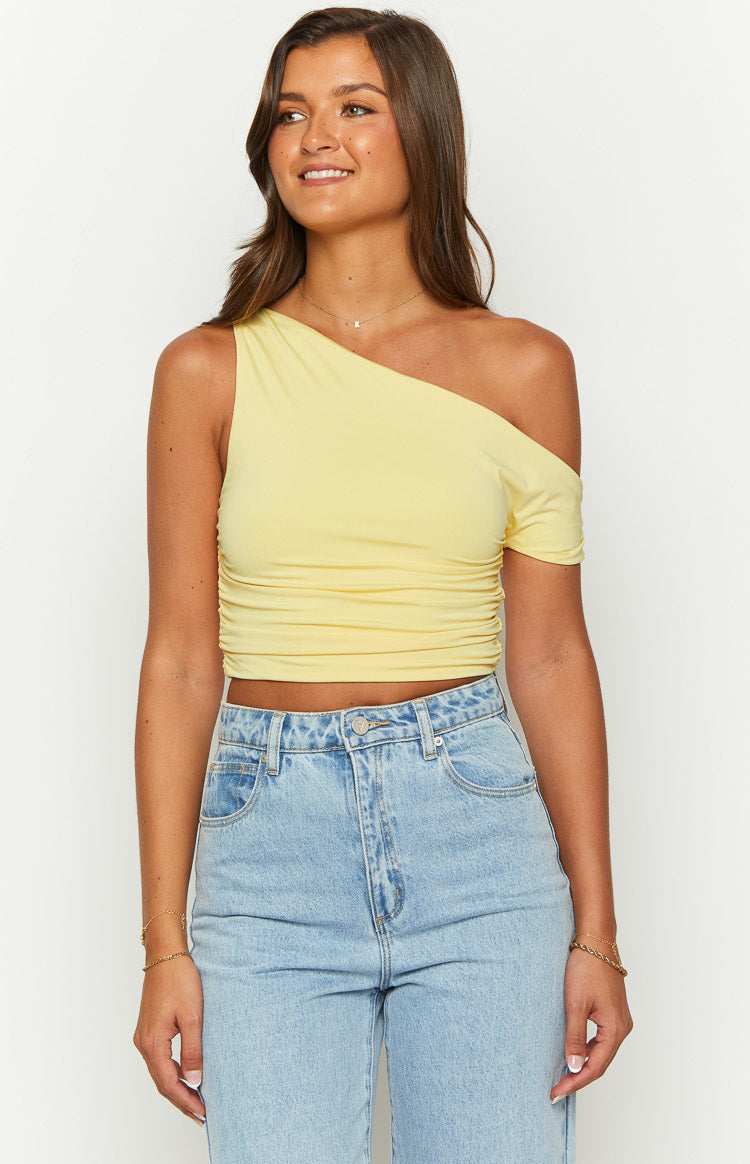 Limelight Drift Yellow Draped Off Shoulder Crop Top — 3