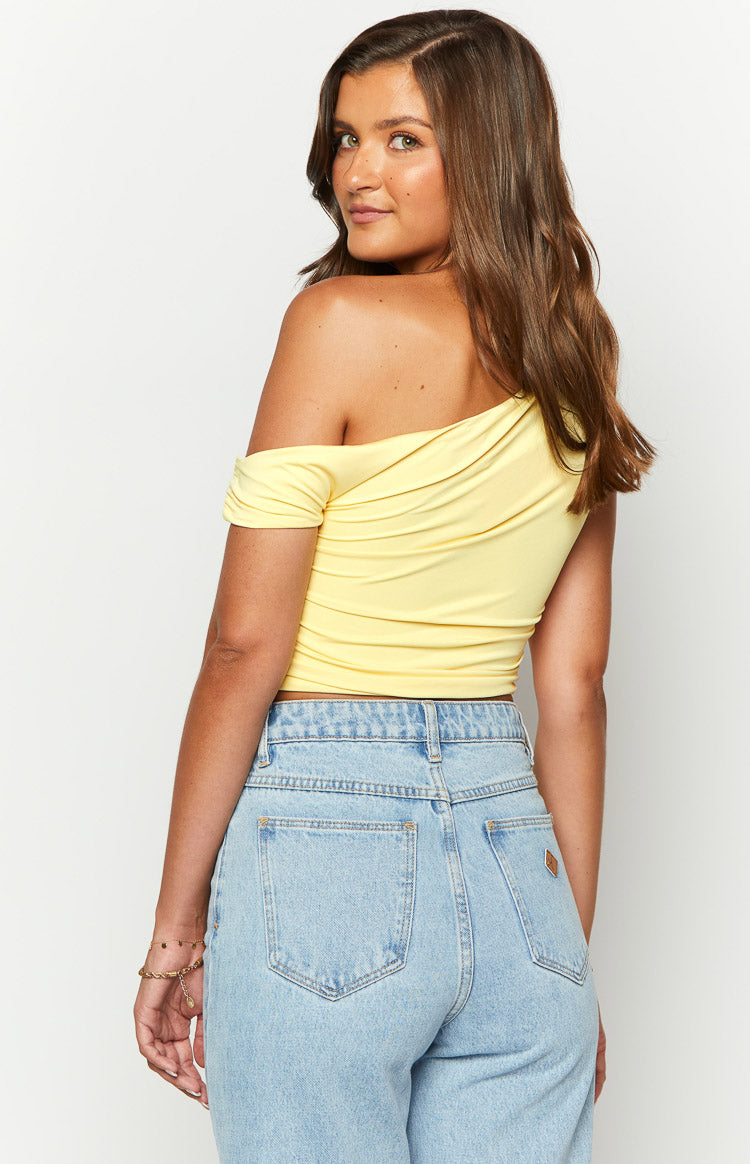 Limelight Drift Yellow Draped Off Shoulder Crop Top — 5