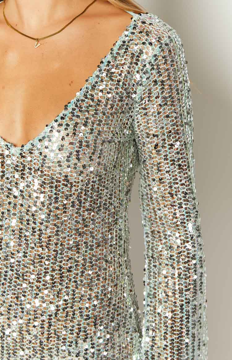 Stellar Shimmer Blue Long Sleeve Mini Dress — 6