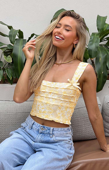 Vida Yellow Lace Bow Top — 1