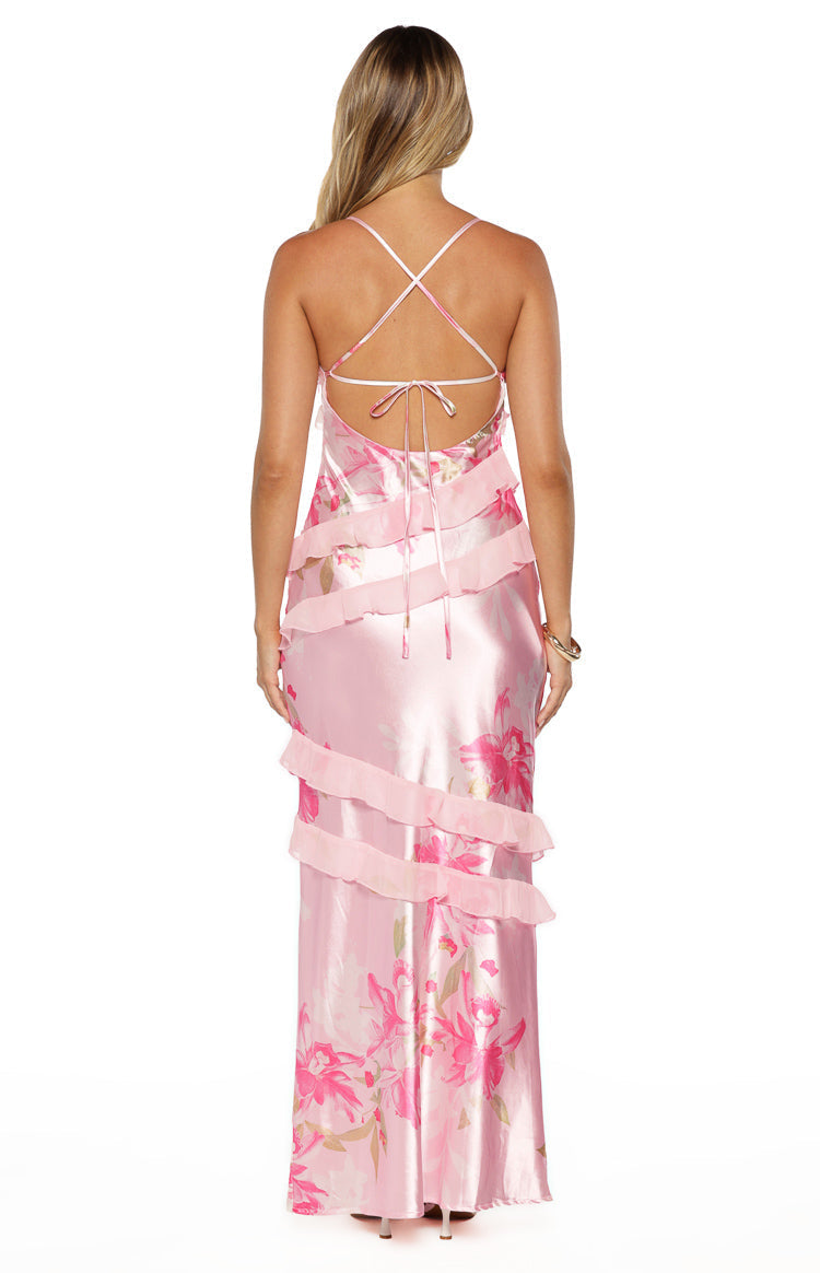 Inara Pink Floral Print Ruffle Maxi Dress — 10
