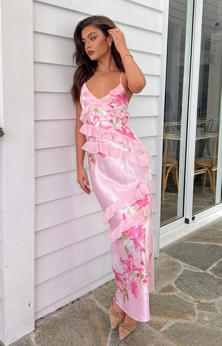 Inara Pink Floral Print Ruffle Maxi Dress — 17