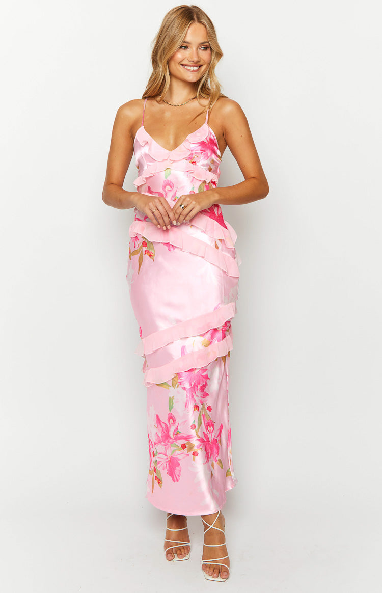 Inara Pink Floral Print Ruffle Maxi Dress — 24