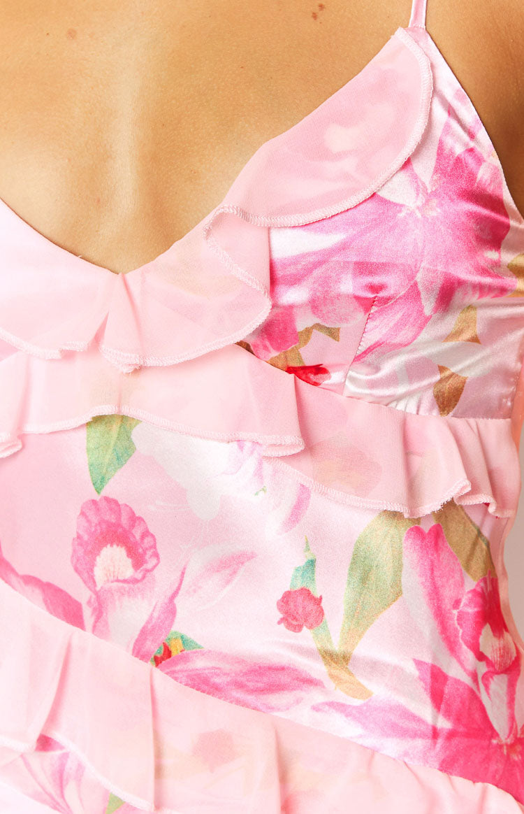 Inara Pink Floral Print Ruffle Maxi Dress — 28
