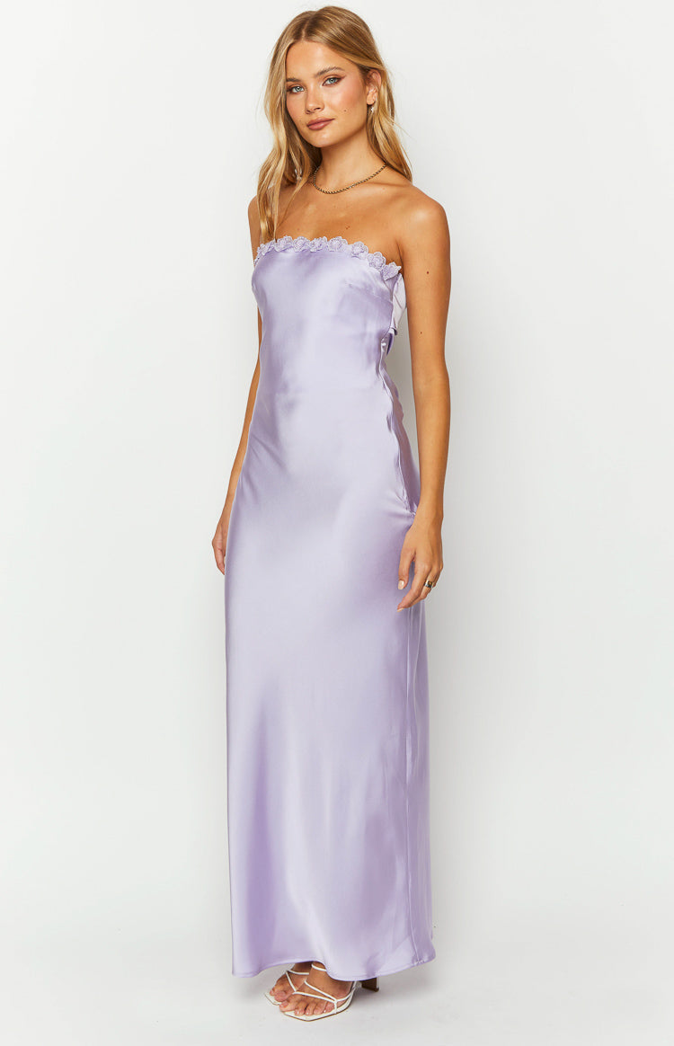 Rhea Purple Satin Strapless Maxi Dress — 5